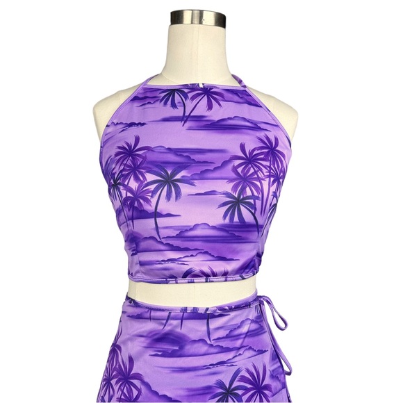 Vintage 90’s Palm Hawaiian Print Tie Halter Crop Top MIDI Wrap Skirt Set - Picture 6 of 16